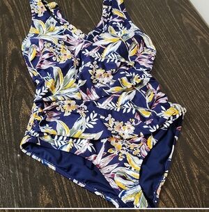 Anne Cole Ruched Powermesh One Piece Swimsuit Navy Floral Size 14 Slimming